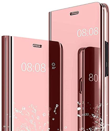 NEINEI Funda para Samsung Galaxy A32 5G,Funda Moda Flip Espejo Inteligente Caso,Vista Clara Cuero Carcasa con Soporte Protección Case Cover para Samsung Galaxy A32 5G,Oro Rosa