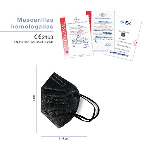 NEWTECK Mascarillas FFP2 50 Unidades Negras CE 2163. Mascarillas FFP2 Negras Homologadas, Alta eficiencia Filtración, Packs Individuales, Normativa UNE-EN 149:2001+A1:2009, Transpirables. SIN GRAFENO