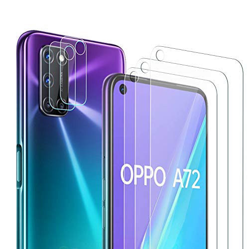 NEWZEROL Paquete de 3 Protectores de Pantalla + Paquete de 2 Protectores de Cámara para OPPO A52/A72/A92 Protector de Pantalla de Vidrio Templado de Alta Definición de Bordes Curvos de Arco