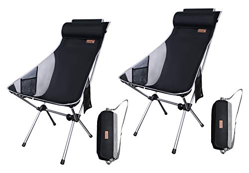 Nice C Silla De Camping Plegable Ultraligera con Respaldo Alto, Actualización con Almohada Extraíble, Bolsillo Lateral Y Bolsa De Transporte, Camping (Juego De 2 Negro)