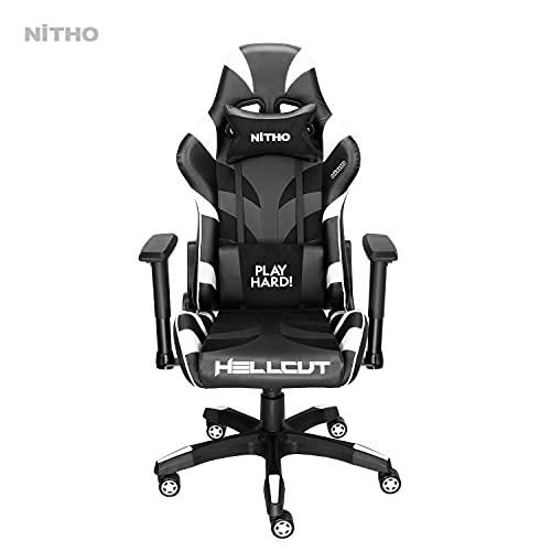 Nitho Hellcut Gaming Chair, E-Sports Racing Style Silla Ergonómica Para Computadora con Respaldo Alto, Silla Giratoria, Blanco/Negro (Windows)