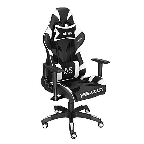 Nitho Hellcut Gaming Chair, E-Sports Racing Style Silla Ergonómica Para Computadora con Respaldo Alto, Silla Giratoria, Blanco/Negro (Windows)