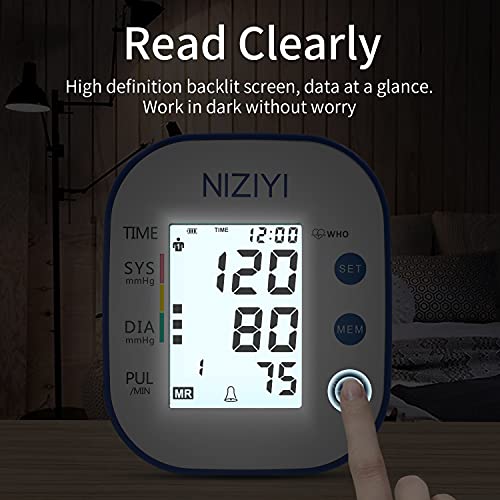 NIZIYI Tensiómetro de Brazo - Digital Monitor de Presión Arterial Automatico con Función Memoria y TransmisióN Voz, Gran Pantalla LCD Retroiluminada, 2x99 Medición Precisa de Presión Arterial y Pulso