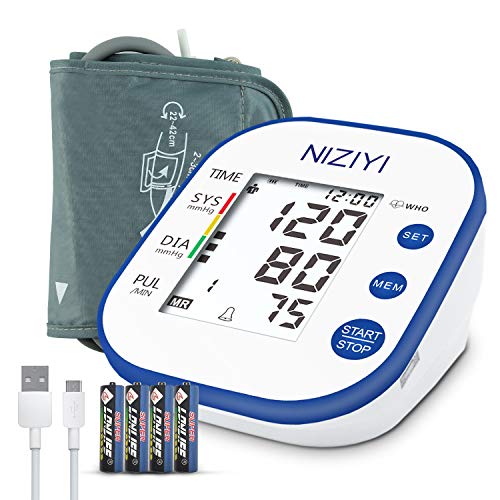 NIZIYI Tensiómetro de Brazo - Digital Monitor de Presión Arterial Automatico con Función Memoria y TransmisióN Voz, Gran Pantalla LCD Retroiluminada, 2x99 Medición Precisa de Presión Arterial y Pulso