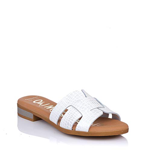 OH MY SANDALS 4815 Zueco Piel Coco Tacon Plano Mujer Blanco 39