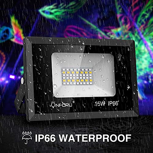 Onforu 2 Pack 15W LED Luz Negra con 6000K Blanco Frío, Foco UV Exterior con Control Remoto, IP66 Impermeable Foco Fluorescente, Luz Ultravioleta para Fiesta, Halloween, Pinta Corporal, Discoteca