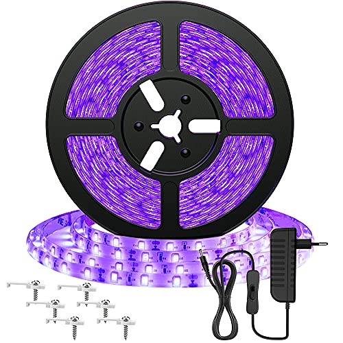 Onforu 5M Luz UV Tiras, Cadenas LED Ultravioleta 300 LEDs 12V 2835 Luz Negra, Adaptador Incluido, Iluminación Interior Flexible No-Impermeable para Bar Club DJ Disco Fiesta KTV Pintura Corporal