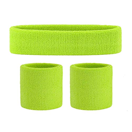 ONUPGO Juego de muñequeras para niños – Banda deportiva de algodón para el sudor para deportes (1 diadema + 2 pulseras) (verde neón)