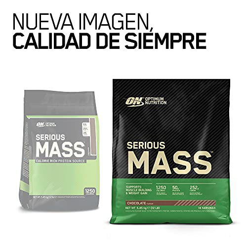 Optimum Nutrition Serious Mass Proteina en Polvo, Mass Gainer Alto en Proteína, con Vitaminas, Creatina y Glutamina, Chocolate, 16 Porciones, 5,45kg, Embalaje Puede Variar