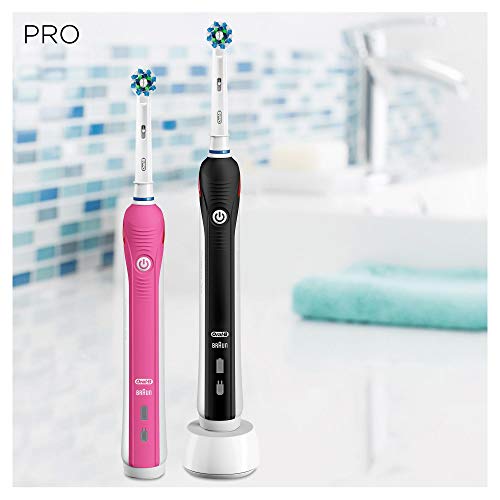 Oral-B PRO 2 CrossAction Cepillos de Dientes Eléctricos (Pack de 2) con Mangos Recargables, Tecnología Braun y 2 Cabezales de Recambio, Temporizador Integrado y Control de Precisión - Rosa/Negro