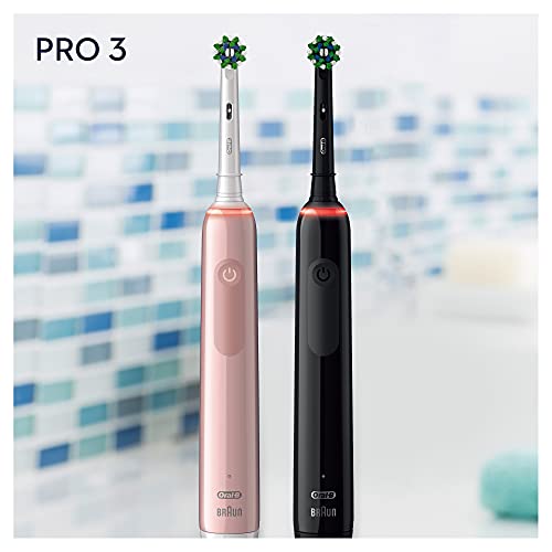 Oral-B Pro 3 3900 Conjunto De 2 Cepillos de Dientes Eléctricos + 2 Mangos con Sensor de Presión Visible, 2 Cabezales de Recambio, Rosa y Negro, Diseñados por Braun