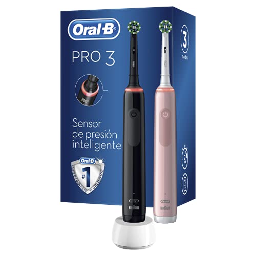 Oral-B Pro 3 3900 Conjunto De 2 Cepillos de Dientes Eléctricos + 2 Mangos con Sensor de Presión Visible, 2 Cabezales de Recambio, Rosa y Negro, Diseñados por Braun