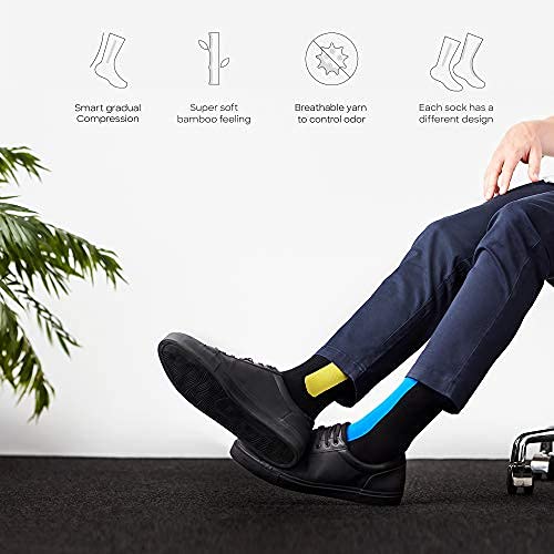 Ostrichpillow Calcetines de compresión de bambú para mujeres y hombres, para viajes, deportes, trabajo, alta circulación (Large - X-Large, Azul / Musgo amarillo)