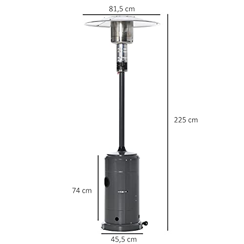 Outsunny Estufa de Gas para Exterior 12,5KW Tipo Sombrilla Calefactor para Patio con Apagado Automático Ruedas y Cubierta Ø81,5x225 cm Gris Carbón