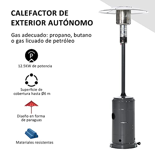 Outsunny Estufa de Gas para Exterior 12,5KW Tipo Sombrilla Calefactor para Patio con Apagado Automático Ruedas y Cubierta Ø81,5x225 cm Gris Carbón