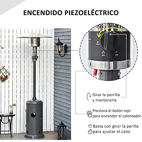 Outsunny Estufa de Gas para Exterior 12,5KW Tipo Sombrilla Calefactor para Patio con Apagado Automático Ruedas y Cubierta Ø81,5x225 cm Gris Carbón