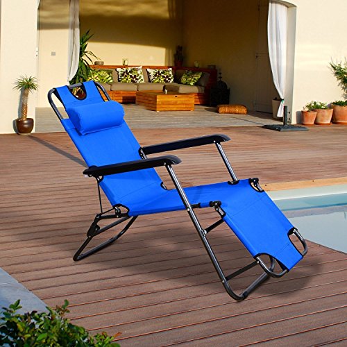 Outsunny Tumbona con Almohada Reclinable y Plegable de Jardín Exterior Piscina Terraza Camping - Color Azul - Tela Oxford y Metal - 153x60x29cm