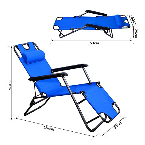 Outsunny Tumbona con Almohada Reclinable y Plegable de Jardín Exterior Piscina Terraza Camping - Color Azul - Tela Oxford y Metal - 153x60x29cm