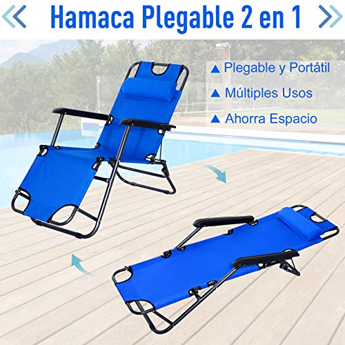 Outsunny Tumbona con Almohada Reclinable y Plegable de Jardín Exterior Piscina Terraza Camping - Color Azul - Tela Oxford y Metal - 153x60x29cm