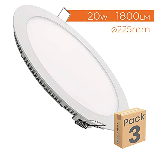 Pack 3x Panel LED redondo plano, 20w. Color Blanco Frio (6500K). 1800 lumenes. Driver incluido. Corte standard 205mm.