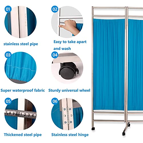 Pantalla de privacidad médica de 4 paneles con paneles azul / rosa, partición plegable extraíble con ruedas, divisor de habitación de panel plegable móvil de acero inoxidable utilizado en la clínica