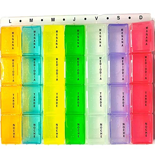 Pastillero Semanal 4 Tomas Diarias en Español – Organizador de Medicamentos con 28 Compartimentos – Caja para Pastillas de 7 Días de Toma Diaria Multicolor