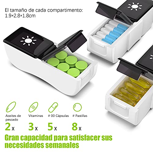 Pastillero Semanal Español 2 Tomas, Jaduoher Pequeño Organizador Medicamentos 7 Dias Diaria con 14 Compartimentos (Negro)