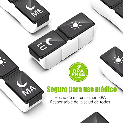 Pastillero Semanal Español 2 Tomas, Jaduoher Pequeño Organizador Medicamentos 7 Dias Diaria con 14 Compartimentos (Negro)