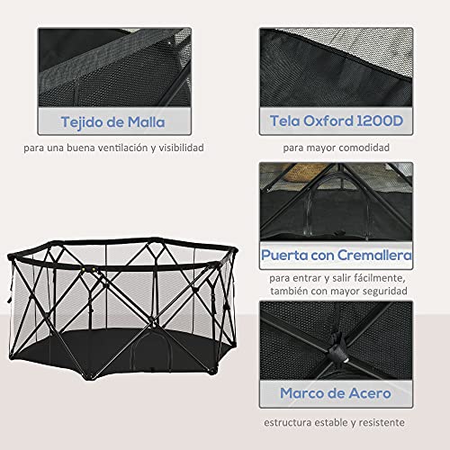 Pawhut Parque para Mascotas Plegable de Acero Corral Portátil de Perros Animales Pequeños con Bolsa de Transporte para Interiores y Exteriores 148x134x67 cm Negro