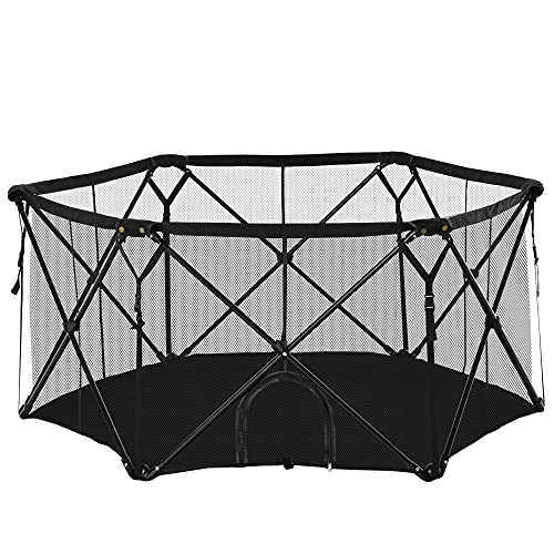 Pawhut Parque para Mascotas Plegable de Acero Corral Portátil de Perros Animales Pequeños con Bolsa de Transporte para Interiores y Exteriores 148x134x67 cm Negro