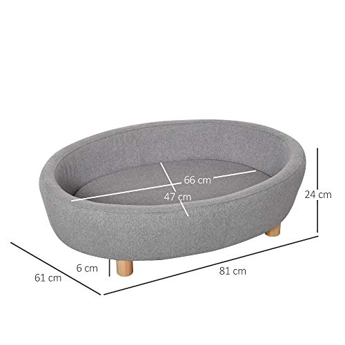 Pawhut Sofá Cama para Mascotas Perros Pequeños Medianos Gatos con Cojín Acolchado extraíble Patas Madera Bordes Elevados 81x61x24 cm Gris