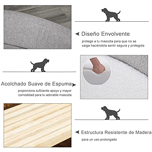 Pawhut Sofá Cama para Mascotas Perros Pequeños Medianos Gatos con Cojín Acolchado extraíble Patas Madera Bordes Elevados 81x61x24 cm Gris