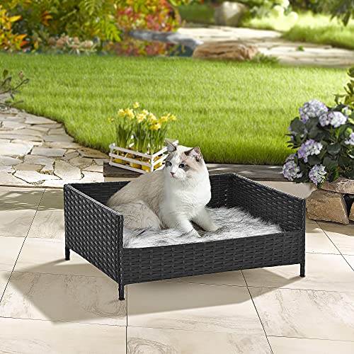 Pawhut Sofá Cama para Perros de Ratán Cama Elevada Rectangular para Mascotas Gatos con Cojín Suave y Lavable para Hogar Interior 61x46x24,5 cm Negro