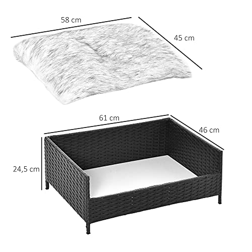 Pawhut Sofá Cama para Perros de Ratán Cama Elevada Rectangular para Mascotas Gatos con Cojín Suave y Lavable para Hogar Interior 61x46x24,5 cm Negro