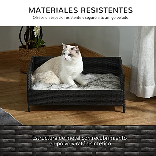 Pawhut Sofá Cama para Perros de Ratán Cama Elevada Rectangular para Mascotas Gatos con Cojín Suave y Lavable para Hogar Interior 61x46x24,5 cm Negro