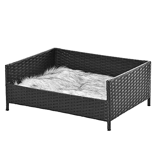 Pawhut Sofá Cama para Perros de Ratán Cama Elevada Rectangular para Mascotas Gatos con Cojín Suave y Lavable para Hogar Interior 61x46x24,5 cm Negro