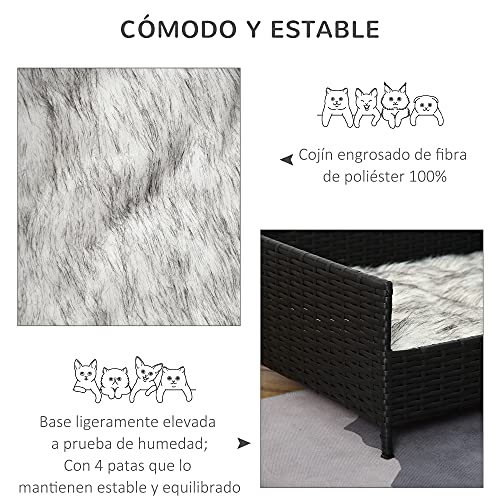 Pawhut Sofá Cama para Perros de Ratán Cama Elevada Rectangular para Mascotas Gatos con Cojín Suave y Lavable para Hogar Interior 61x46x24,5 cm Negro