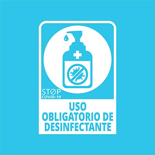 Pegatina COVID, Uso obligatorio de desinfectante, Prevención COVID-19, diseñado para empresas, como medida de protección contra el Coronavirus - Cartel prevención de 13 x 19cm (Blanco)