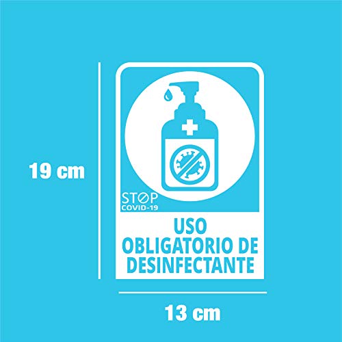 Pegatina COVID, Uso obligatorio de desinfectante, Prevención COVID-19, diseñado para empresas, como medida de protección contra el Coronavirus - Cartel prevención de 13 x 19cm (Blanco)