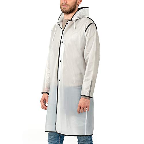 PERLETTI Chubasquero Hombre Mujer Ligero y Reutilizable - Impermeable Hombre Mujer Resistente al Agua - Ropa de Agua Impermeable Detalles Reflectantes Capucha Botones (S, Transparente con Borde Negro)