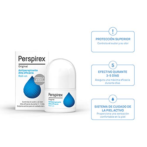 Perspirex ® | Perspirex Original | Desodorante Antitranspirante Axilas Roll On para una protección y frescura anti sudor de hasta 5 días | Reducción del sudor en 72 horas | 20 Ml