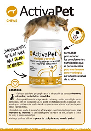 petia Vet health ACTIVAPET. (Multivitamínico Perros con Extra de L- Carnitina). Vitaminas Grupo B. Vitaminas E, A, C, D3, Hierro, Cobre, Zinc, Selenio, Manganeso, L Carnitina, L Metionina