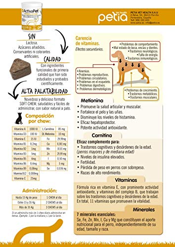 petia Vet health ACTIVAPET. (Multivitamínico Perros con Extra de L- Carnitina). Vitaminas Grupo B. Vitaminas E, A, C, D3, Hierro, Cobre, Zinc, Selenio, Manganeso, L Carnitina, L Metionina