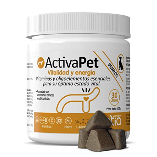 petia Vet health ACTIVAPET. (Multivitamínico Perros con Extra de L- Carnitina). Vitaminas Grupo B. Vitaminas E, A, C, D3, Hierro, Cobre, Zinc, Selenio, Manganeso, L Carnitina, L Metionina