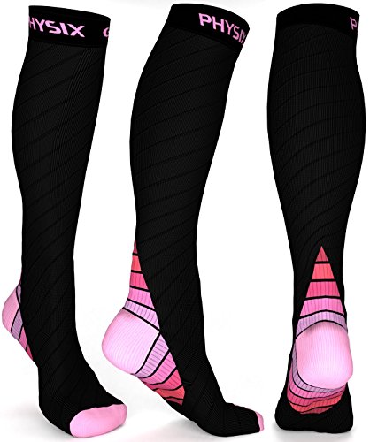 Physix Gear Sport Calcetines de compresión, los mejores calcetines compresión mujer y hombre para el dolor de pies y gemelos, medias de compresión hombre y mujer, 1 par, S/M, negro/rosa