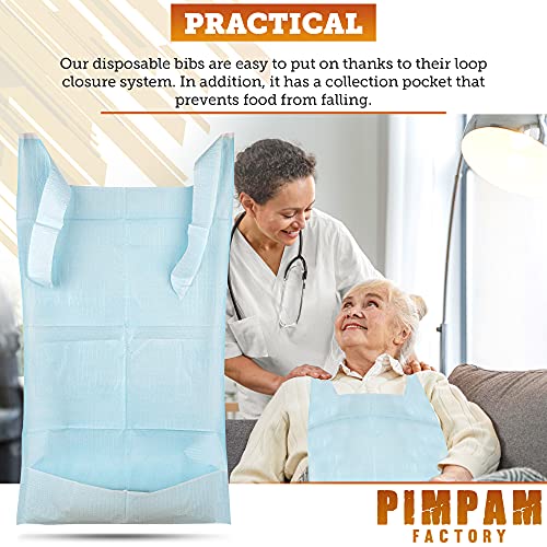 PimPam Factory - Pack de 125 Baberos Desechables para Adultos de 36 X 66 cm | Fabricados en España | Baberos de un solo Uso con Bolsillo Recogedor.