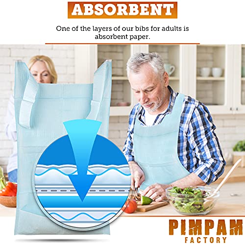 PimPam Factory - Pack de 125 Baberos Desechables para Adultos de 36 X 66 cm | Fabricados en España | Baberos de un solo Uso con Bolsillo Recogedor.