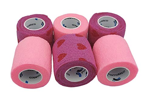 PintoMed Venda Cohesiva 3 x ROSA + 3 x LOVE - 6 rollos – 5cm x 4,5m. Cinta autoadhesiva elastica y flexible. Esparadrapo deportivo. Vet Wrap. Primeros auxilios y lesiones de los deportes.