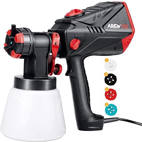 Pistola de Pintura,AREWTEC Alta Potencia de 600W con Flujo Máximo de 1200ml/min, HVLP Pistola de Pintar con Recipiente de 1000ml, 4 Boquillas para la Pulverización y Limpieza del Bricolaje, SGT10A