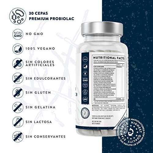 Premium Probiótico [ 120 Mil Millones de UFC ] 30x Cepas Bacterianas incl. Lactobacillus Acidophilus & Bifidobacterium por Dosis - 90 Cápsulas de Liberación Retardada (DRcaps®) - Vegano